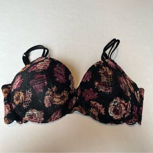 Beautiful Bebe Bra Push Up 34DD Black with pink multi color design and lace